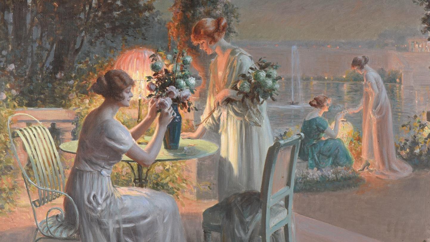 Delphin Enjolras (1857-1945), Femmes sur la terrasse préparant le bouquet de fleurs... La douceur d’une nuit d’été avec Enjolras