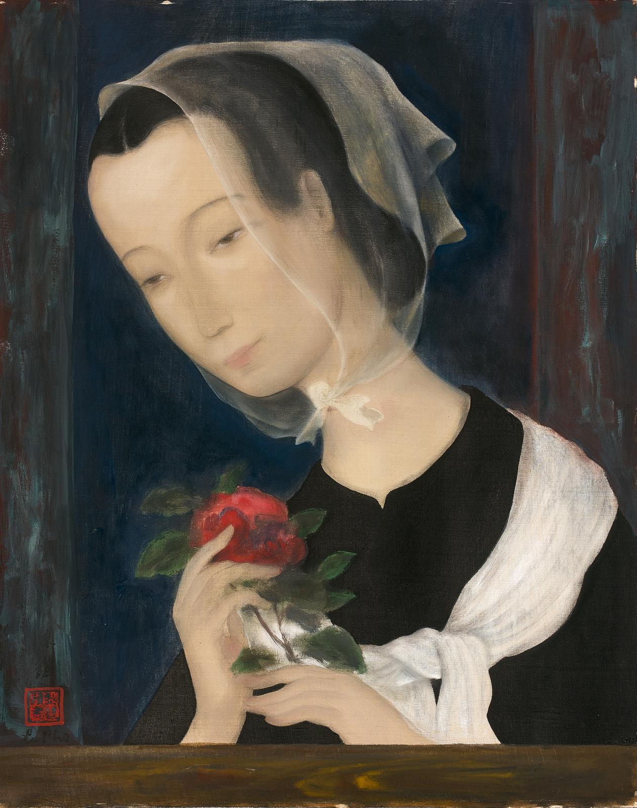 Lé Phô (1907-2001), Jeune fille à la rose, vers 1941, encre et couleurs sur soie, 41 x 32,2 cm. Adjugé : 207 760 €
