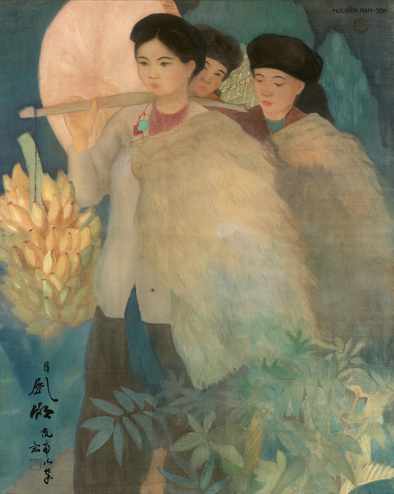 Nguyen Nam Son (1890-1973), Paysannes du Tonkin, vers 1935, encre et couleurs sur soie, 65 x 52,5 cm. Adjugé : 265 180 €