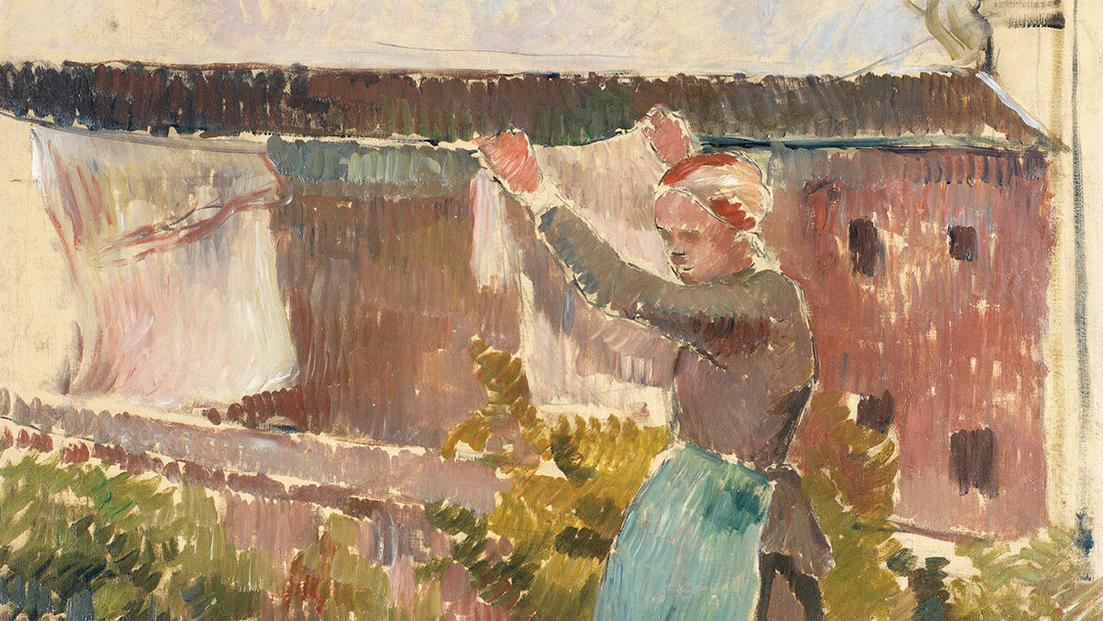 Camille Pissarro (1830-1903),  Femme étendant du linge, Éragny, huile sur toile,... Camille Pissarro, poème de la banalité quotidienne
