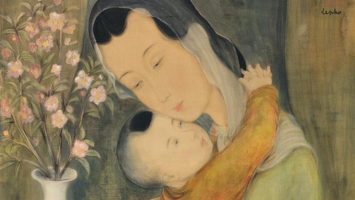 Lé Phô (1907-2001), Maternité, encre et couleurs sur soie, 59,5 x 48 cm. Adjugé :... Pluie de records, la mousson était en avance sur Drouot