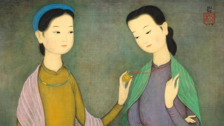 Mai Trung Thu (1906-1980), Le Coffret à bijoux, 1960, encre et couleurs sur soie, signée... Mai Trung Thu, Lé Phô ou Vu Cao Dam ?