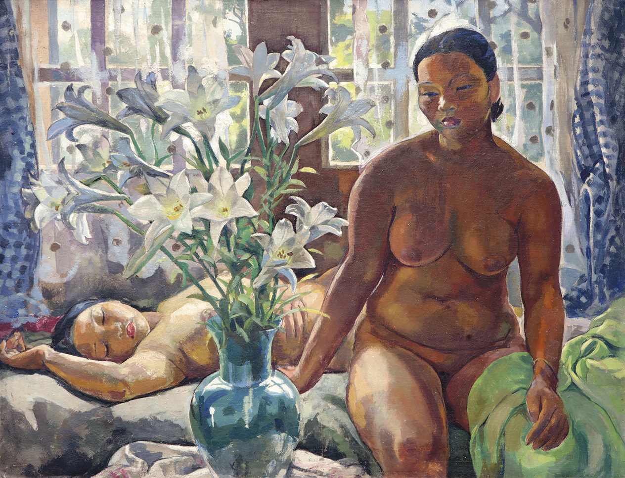 Alix Aymé (1894-1989), Nus au bouquet de lys blancs, huile sur toile, 70 x 90 cm. Adjugé : 206 720 € 