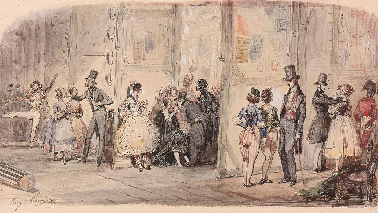 Eugène Lami (1800-1890), Les Coulisses de l’Opéra, rue Le Peletier, 1839, plume et... De la lumière à l’ombre