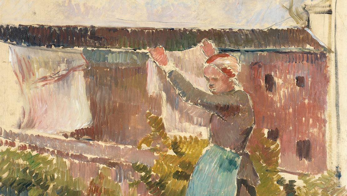 Camille Pissarro (1830-1903), Femme étendant du linge, Éragny (Woman Hanging Laundry,... Pissarro's Poetic Everydayness