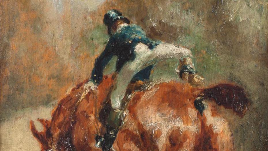 Henri de Toulouse-Lautrec (1864-1901),  Jeune cavalier enfourchant sa monture, huile... Toulouse-Lautrec fait cavalier seul