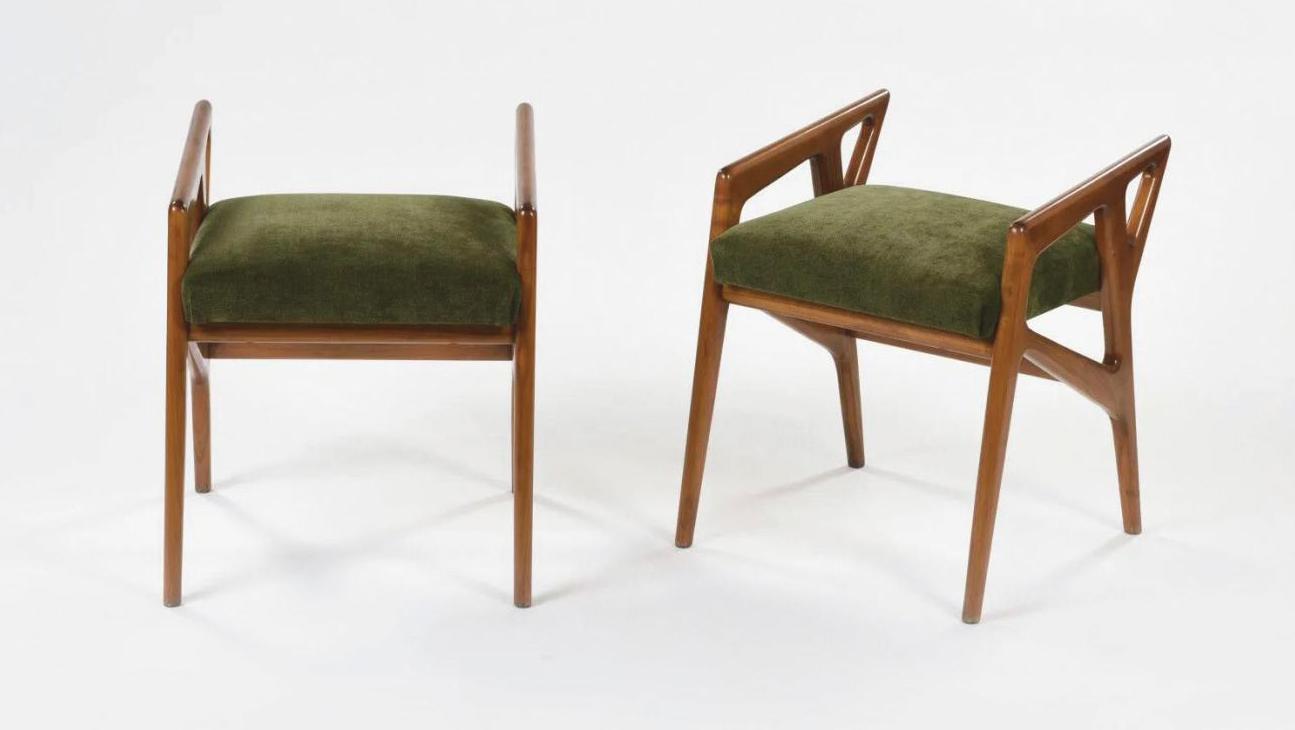 Gio Ponti (1891-1979), pair of stools, c. 1950, openwork structure in varnished solid... Gio Ponti, the First