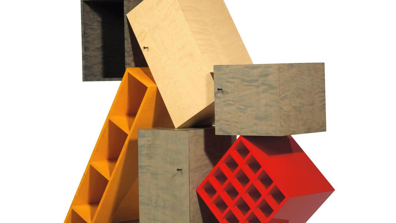 Ettore Sottsass (1917-2007), cabinet n° 50, huit caissons géométriques en bois laqué... Un jeu de (dé)construction par Ettore Sottsass