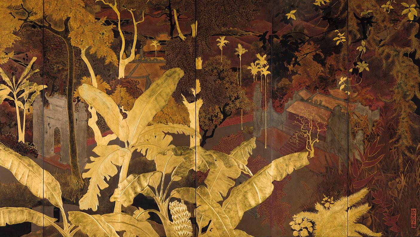 Pham Hau (1903-1995), Pagodes dans un paysage du Tonkin, paravent à six panneaux... Pham Hau, toujours plus haut