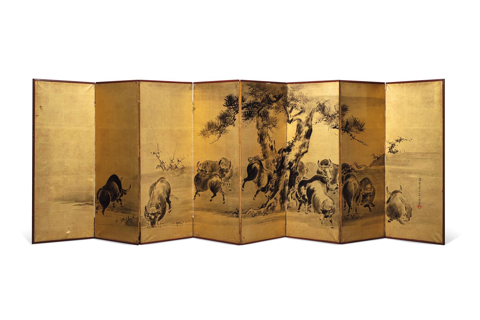 Les mines d’or découvertes au Japon au cours du XVIIe siècle ont permis aux artistes de magnifier leurs compositions en marouflant de peti