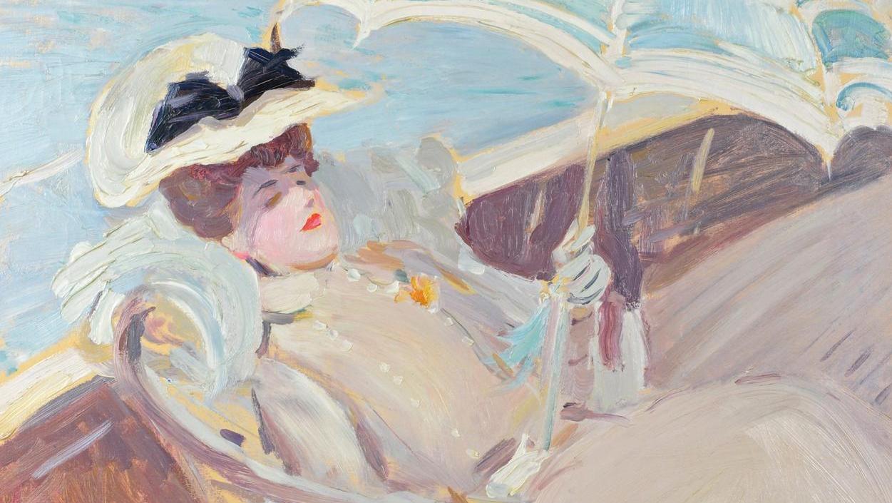 Paul-César Helleu (1859-1927), Madame Helleu à l’ombrelle sur un yacht, huile sur... Helleu, Boudin, Jan II Bruegel...