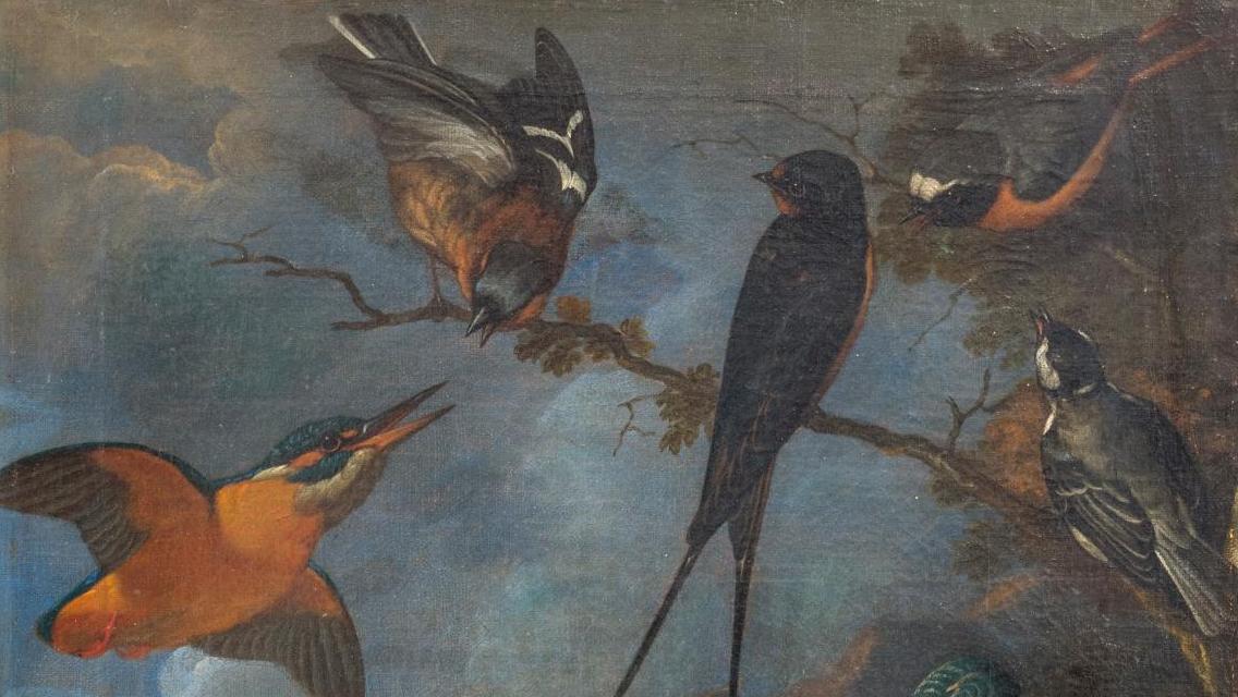 Attribué à Philipp Ferdinand de Hamilton (1664-1750), Paysage avec des martins pêcheurs,... Du jardin au salon, avec Hamilton et Landrin