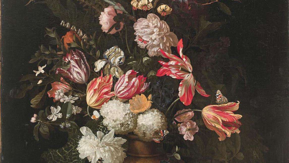 Maria Van Oosterwyck (1630-1693), Bouquet de fleurs dans un vase en grès du Rhin... Le temps suspendu de Maria Van Oosterwyck