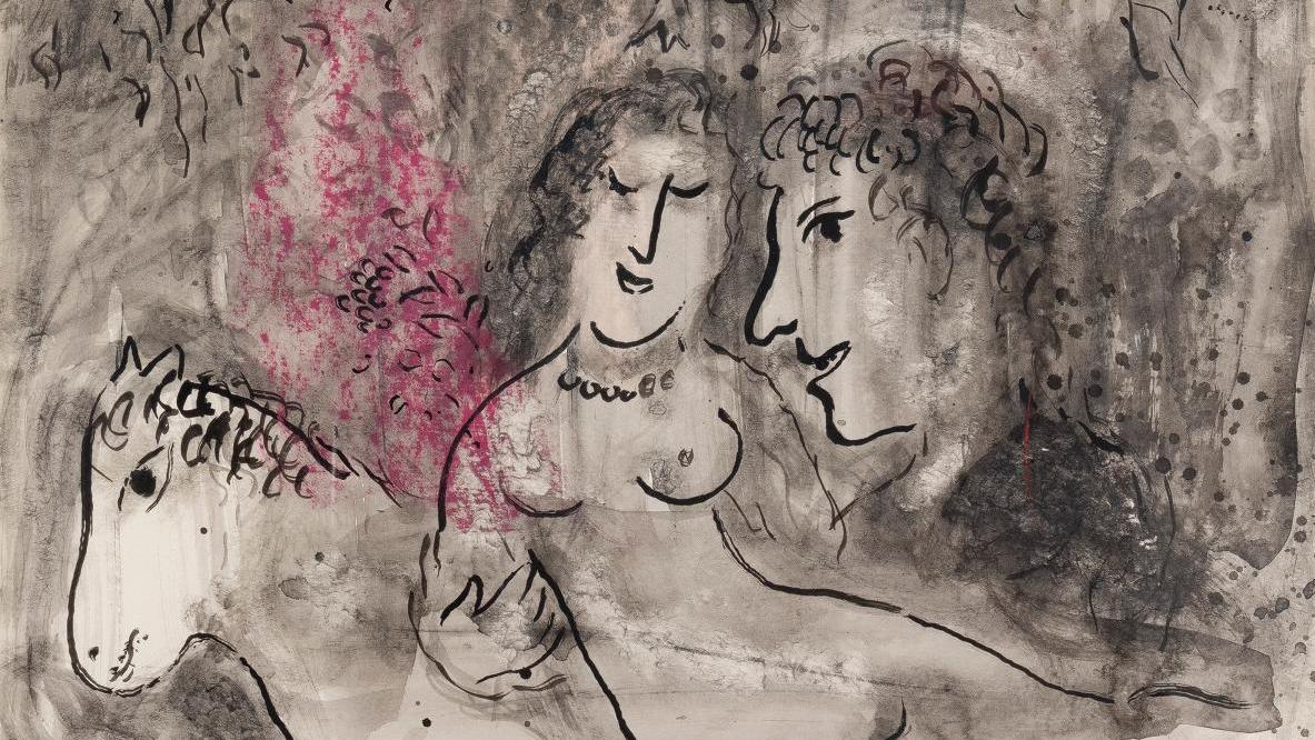 Marc Chagall (1987-1985), Les Amoureux au soleil orange, 1980, lavis d’encre de Chine,... Pour l’amour des arts avec Chagall, Rotella, Bugatti...