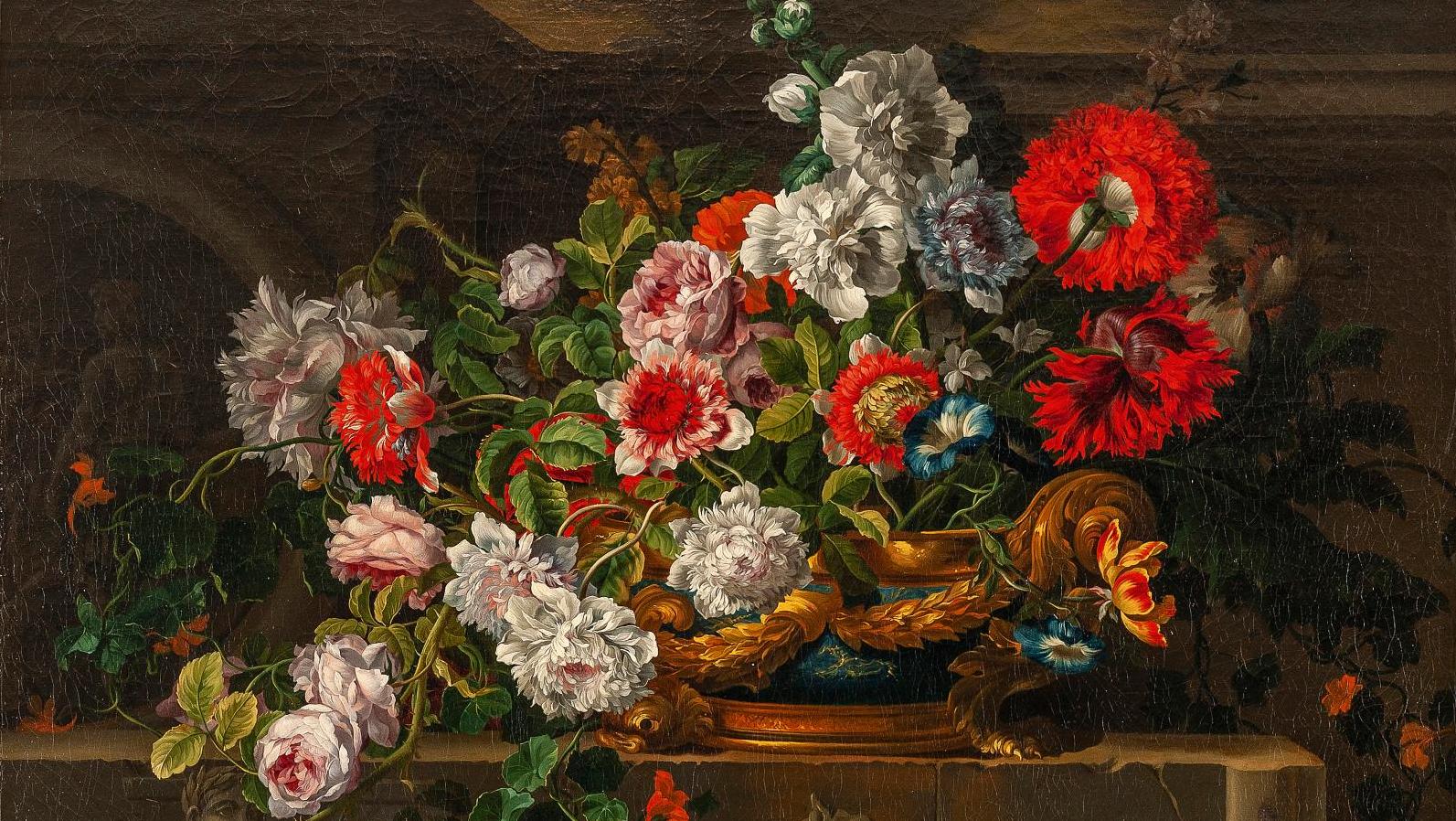 Jean-Baptiste Monnoyer (1636-1699), Un vase en lapis monté en or rempli de fleurs... La nature Grand Siècle de Monnoyer