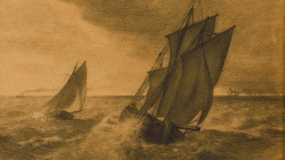 Jean-François Millet (1814-1875), Pleine mer par vent frais, un grain, dessin au... Jean-François Millet prend la mer 
