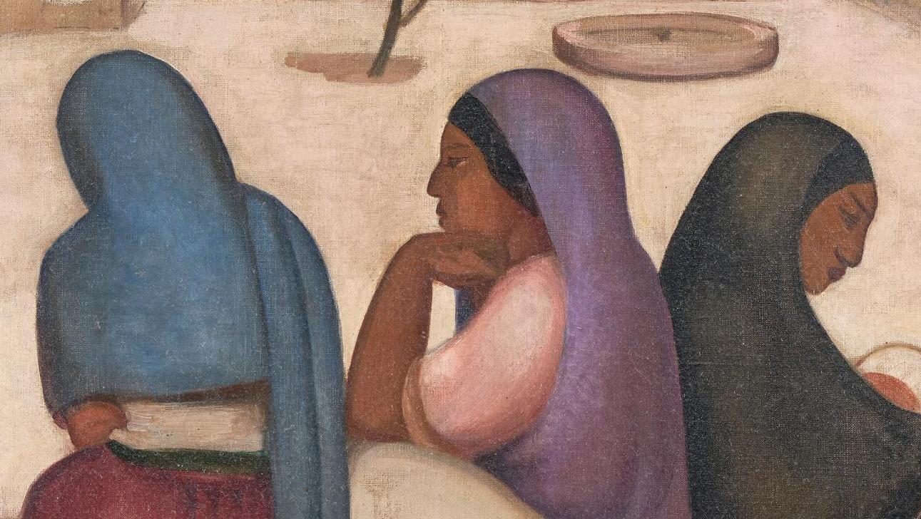 Laura Rodig Pizarro (1901-1972), Trois femmes assises dans un village désert, huile... La condition féminine vue du Chili selon Laura Rodig Pizarro