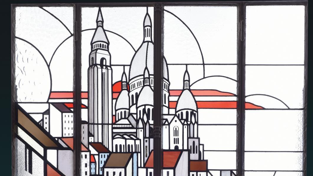 Établissements Damon, Montmartre, vers 1925, vitrail art déco en verres de couleur... Vitrail art déco par Jacques Damon