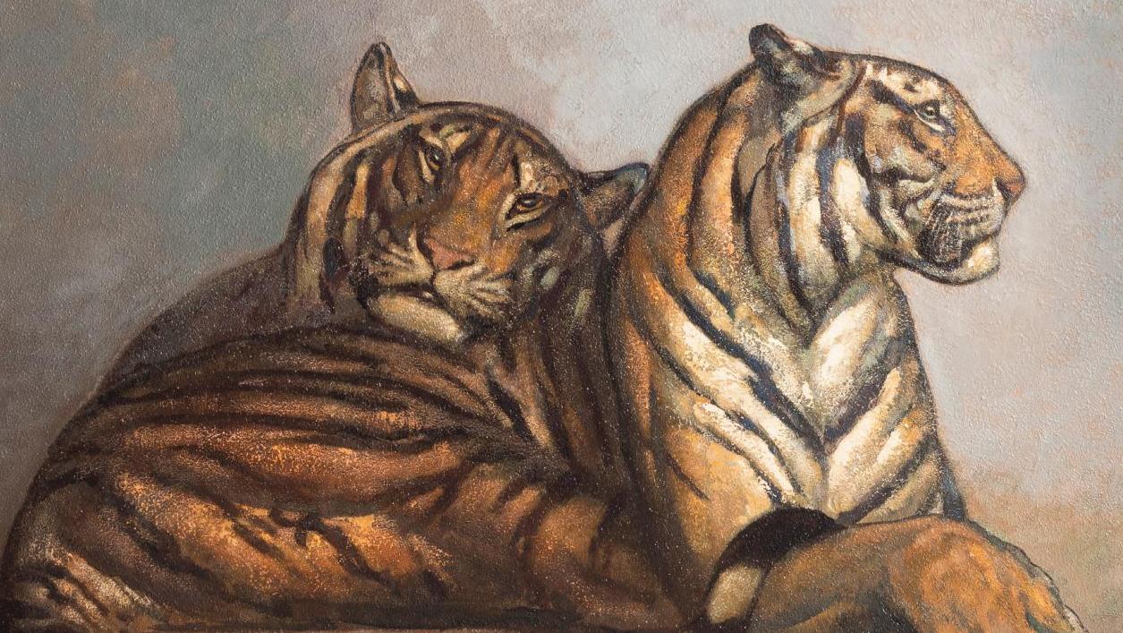Paul Jouve (1878-1973), Deux tigres couchés, huile sur panneau, 72 x 101,5 cm. Adjugé :... Paul Jouve fait patte de velours