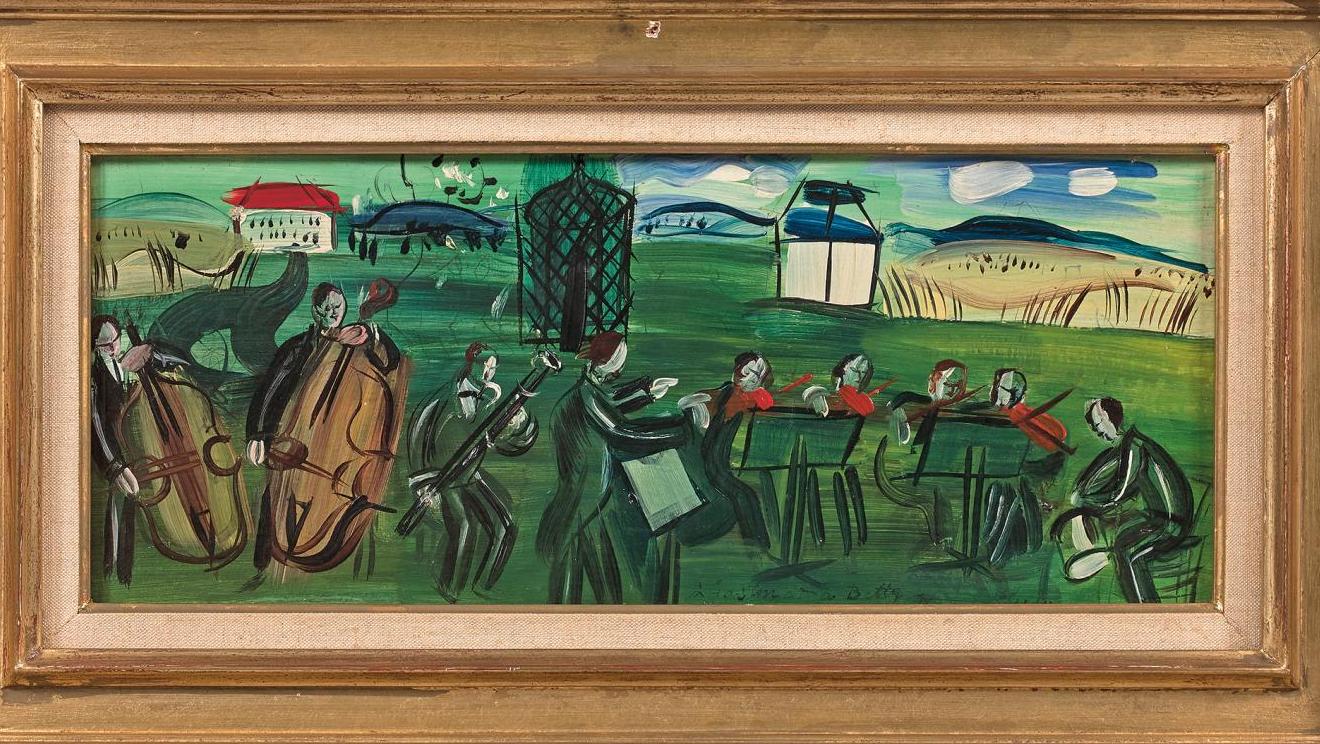 Raoul Dufy (1877-1953), L’Orchestre en plein air, huile sur panneau, 16,5 x 39,5 cm.... Raoul Dufy, musique en plein air
