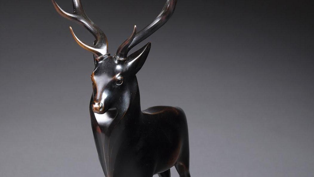 François Pompon (1855-1933), Large Stag No. 1, bronze with black patina and brown... A World Record for Pompon 