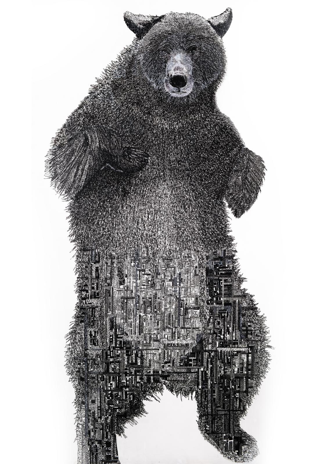 Stras Bear (né en 1974), Grizzly, de la série « Save the Savage », 2021, acrylique sur toile, 195 x 114 cm. © courtesy BY LARA SEDBON 