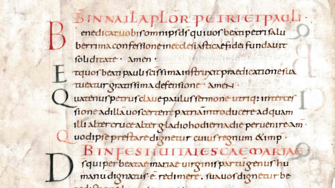 Seconde moitié du IXe siècle. Fragment d’un collectaire carolingien, feuillet manuscrit... Un manuscrit carolingien