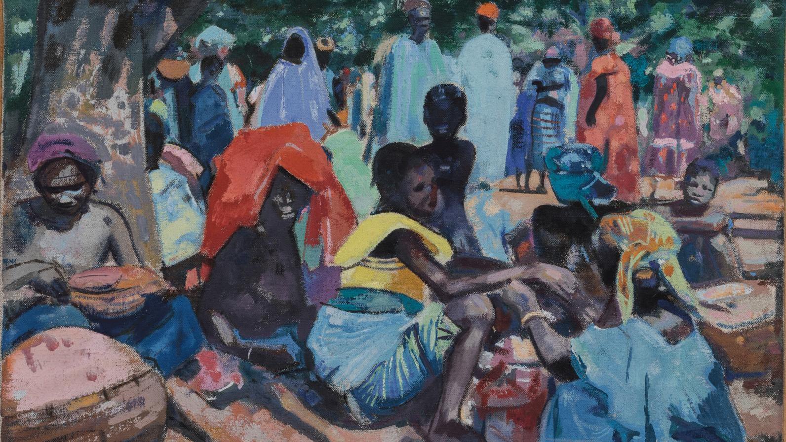 Jacques Majorelle (1886-1962), Scène de marché à Macenta, Guinée, 1954, huile sur... Le peintre de Marrakech en Guinée