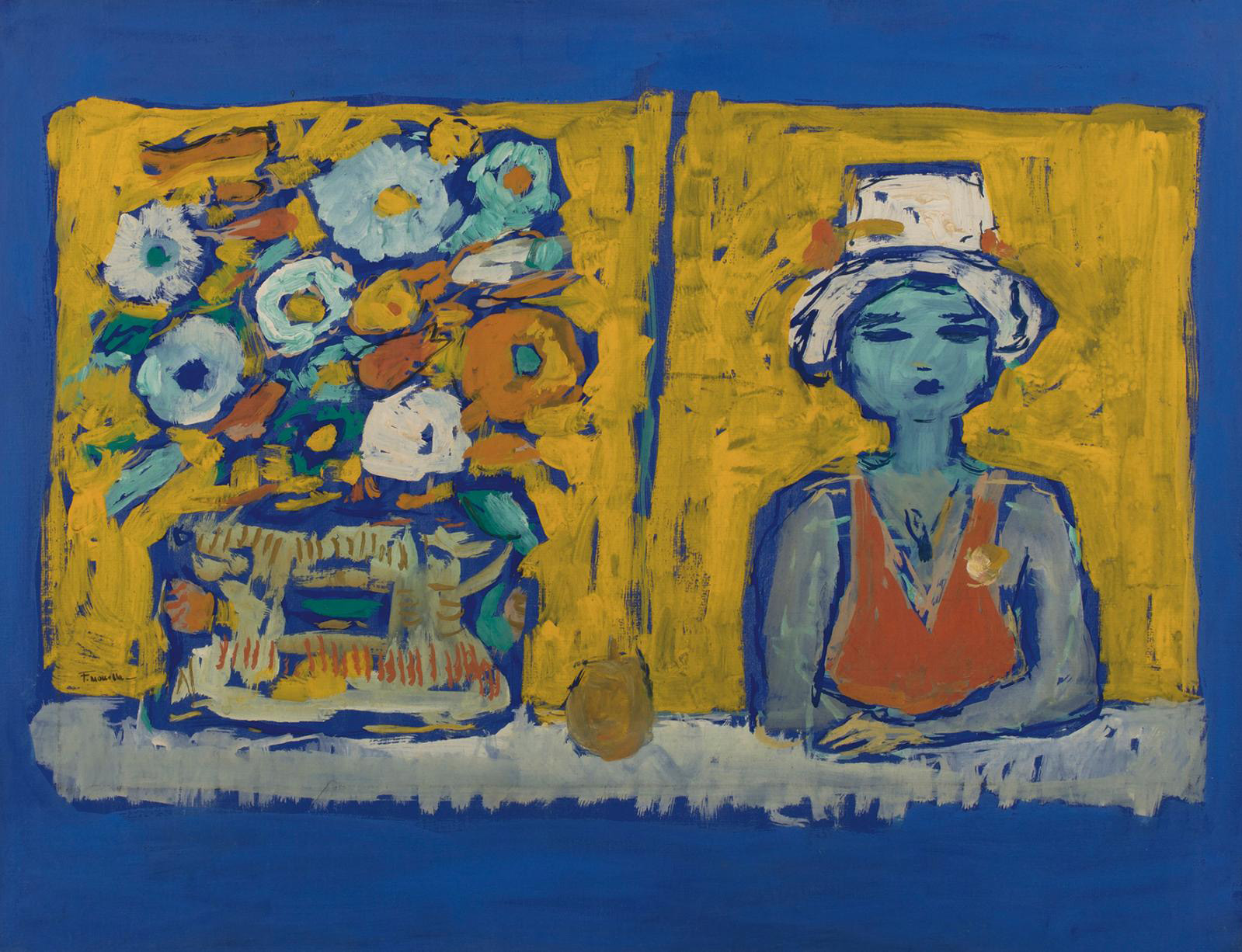 Fikret Moualla (1903-1967), Femme et vase de fleurs (Woman and Vase of Flowers), gouache on paper mounted on canvas, 48.5 x 65.5 cm/19 x 2