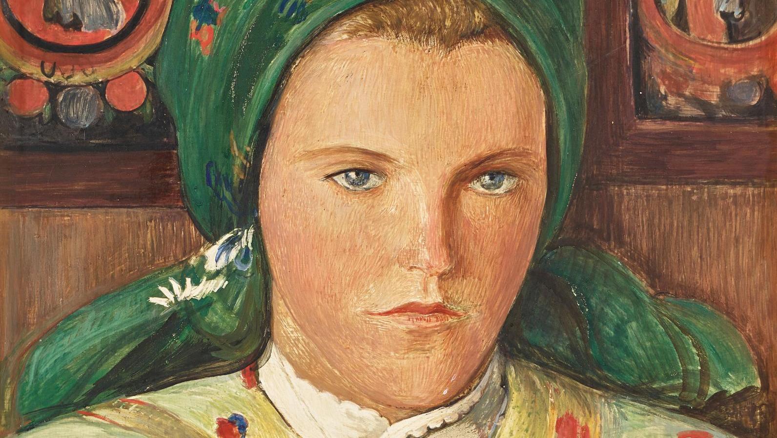 Ernest Biéler (1863-1948), Portrait de jeune Valaisanne au foulard et au collier,... Portrait intimiste