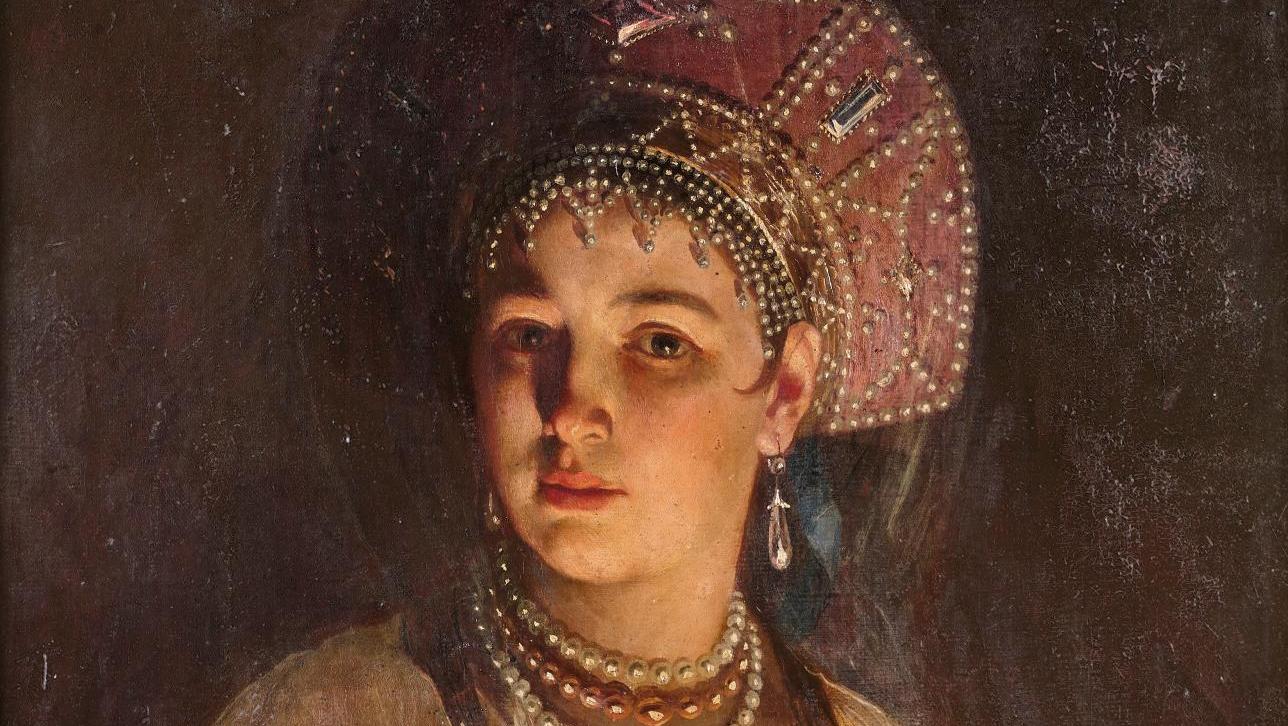 Firs Zhuravlev (1836-1901), Jeune femme en kokochnik, huile sur toile, 66 x 54 cm.... La Russie éternelle de Firs Zhuravlev