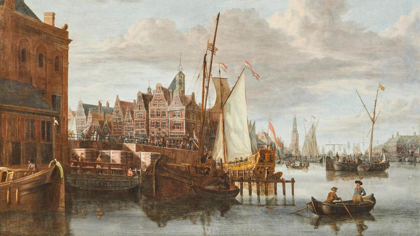 Jacobus Storck (1641-vers 1692), Vue du port d’Amsterdam : l’Ij près du Pont Neuf,... Storck, peintre amstellodamois du siècle d’or