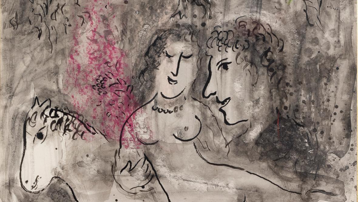 Marc Chagall (1887-1985), Les Amoureux au soleil orange, 1980, lavis d’encre de Chine,... Marc Chagall et Jacques-Émile Ruhlmann