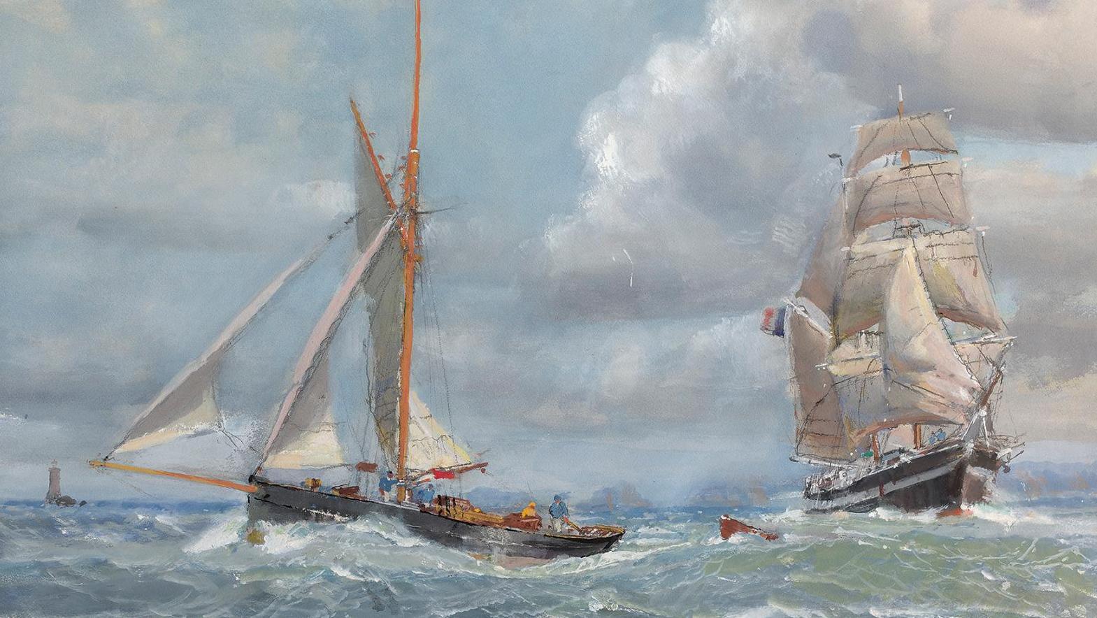 Marin-Marie (1901-1987), Harcouët, aquarelle et gouache sur trait de fusain, 55 x 74 cm.... L’Harcouët de Marin-Marie, coureur des mers 