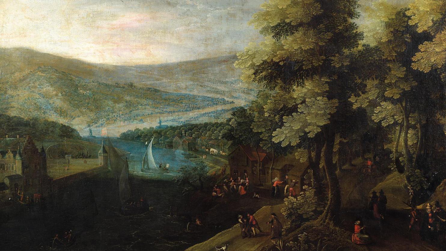 Tobias Verhaecht (1561-1631), Vue d’un château surplombant un village, toile, 98 x 178 cm.... Tobias Verhaecht et des toiles flamandes et françaises