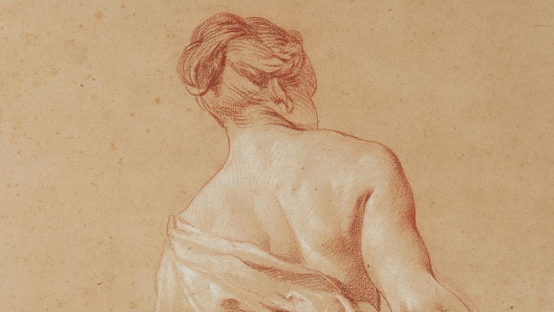 Jean-Baptiste-Marie Pierre (1713-1789), Femme agenouillée de dos, avec un drapé (Kneeling... A Red Chalk Jean-Baptiste-Marie Pierre 