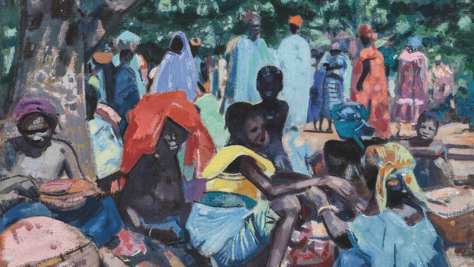 Jacques Majorelle (1886-1962), Scène de marché à Macenta, Guinée, 1954, huile sur... Majorelle, Brayer, Bonirote : de la Grèce à la Guinée