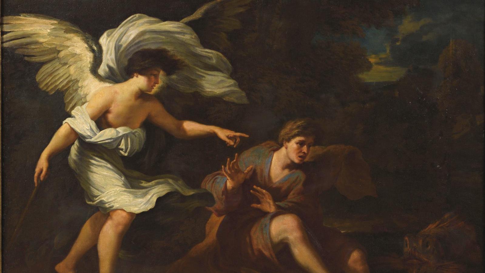 Noël Coypel (1628-1707), Tobie et l’ange, huile sur toile, 113,5 x 152 cm. Estimation :... Une peinture sculpturale par Noël Coypel