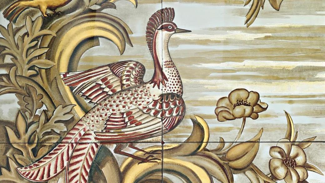 René Buthaud (1886-1986), Paysage lacustre aux phœnix, perroquet et colibri, panneau... En pleine jungle avec René Buthaud