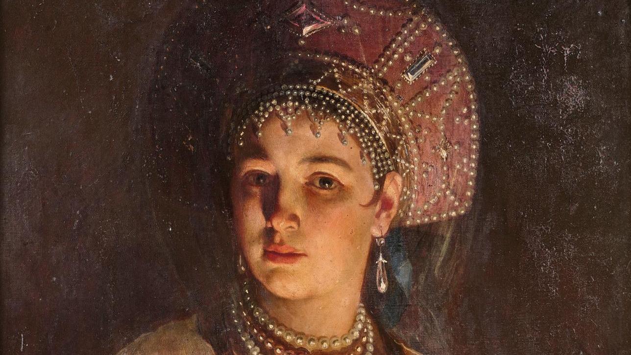 Firs Sergeyevich Zhuravlev (1836-1901), Jeune femme en kokochnik, huile sur toile,... Zhuravlev, percée sur le marché français