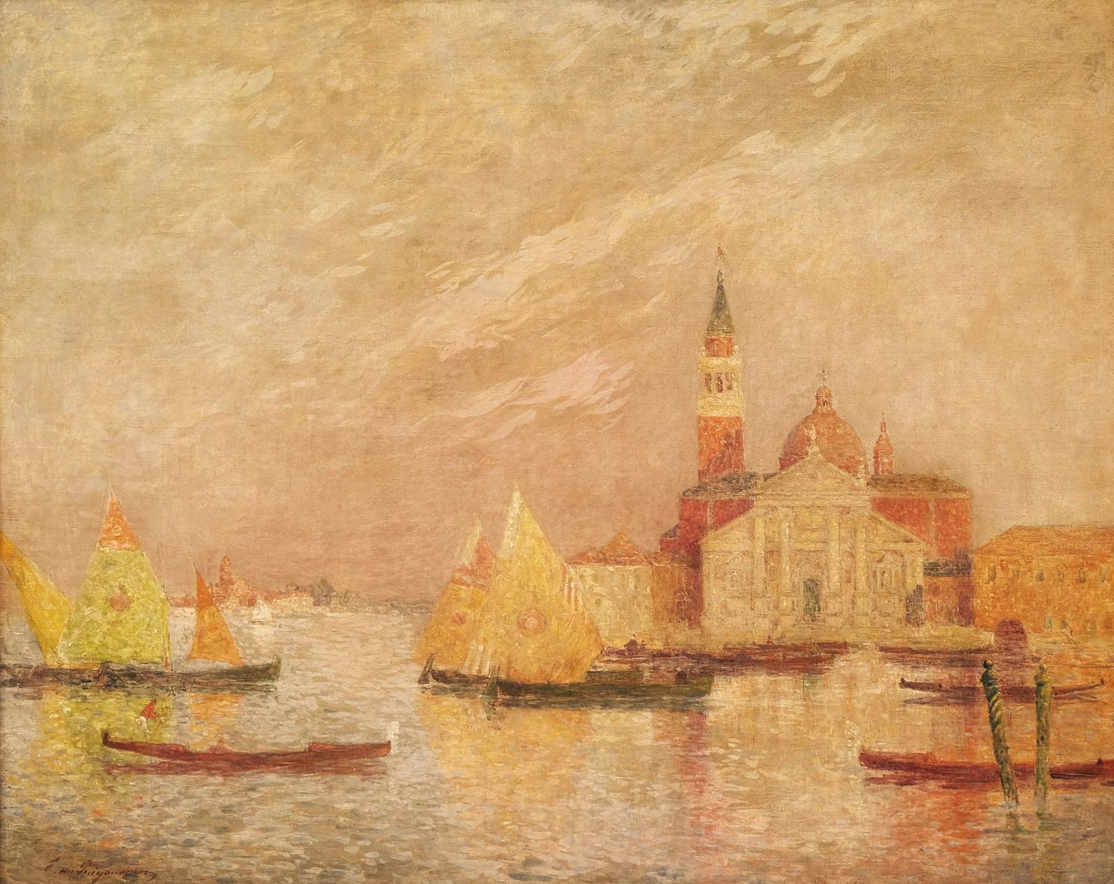 La toile Venise, voile jaune à l’entrée du Grand Canal (65 x 81 cm), brossée par Ferdinand Loyen du Puigaudeau (1864-1930),rappelle que l’artiste bret