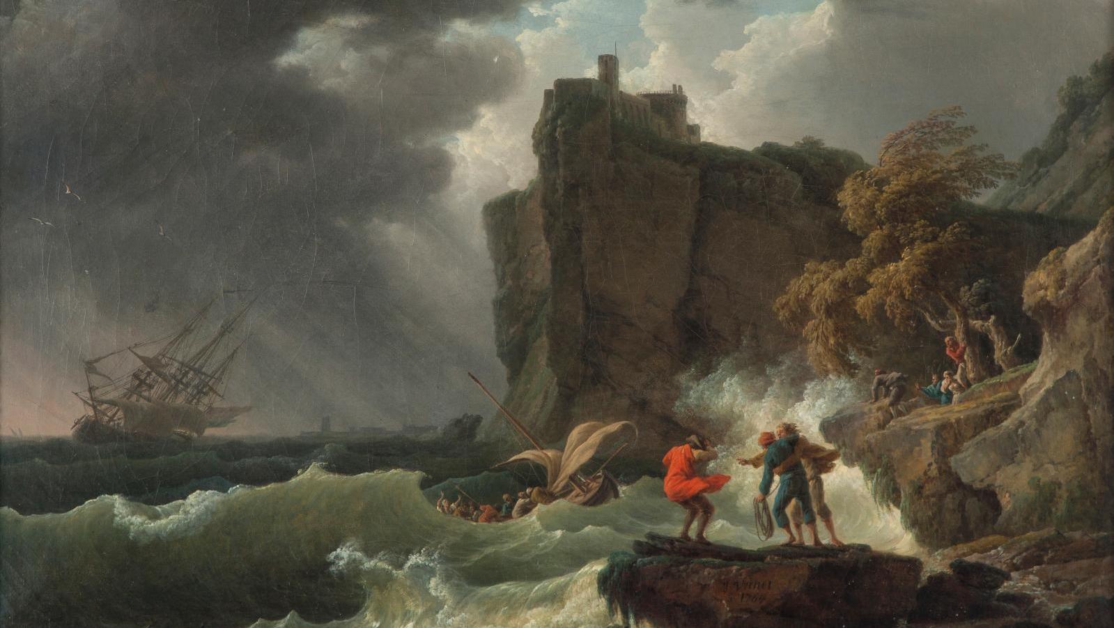 Joseph Vernet (1714-1789), Navire en péril près d’une côte rocheuse, 1764, huile... Cote : Avis de tempête sur la peinture