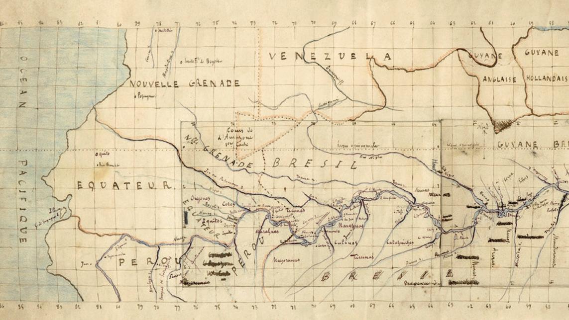 Jules Verne (1828-1905), carte tracée et légendée du cours de l’Amazone pour La Jangada,... «800 lieues sur l’Amazone»