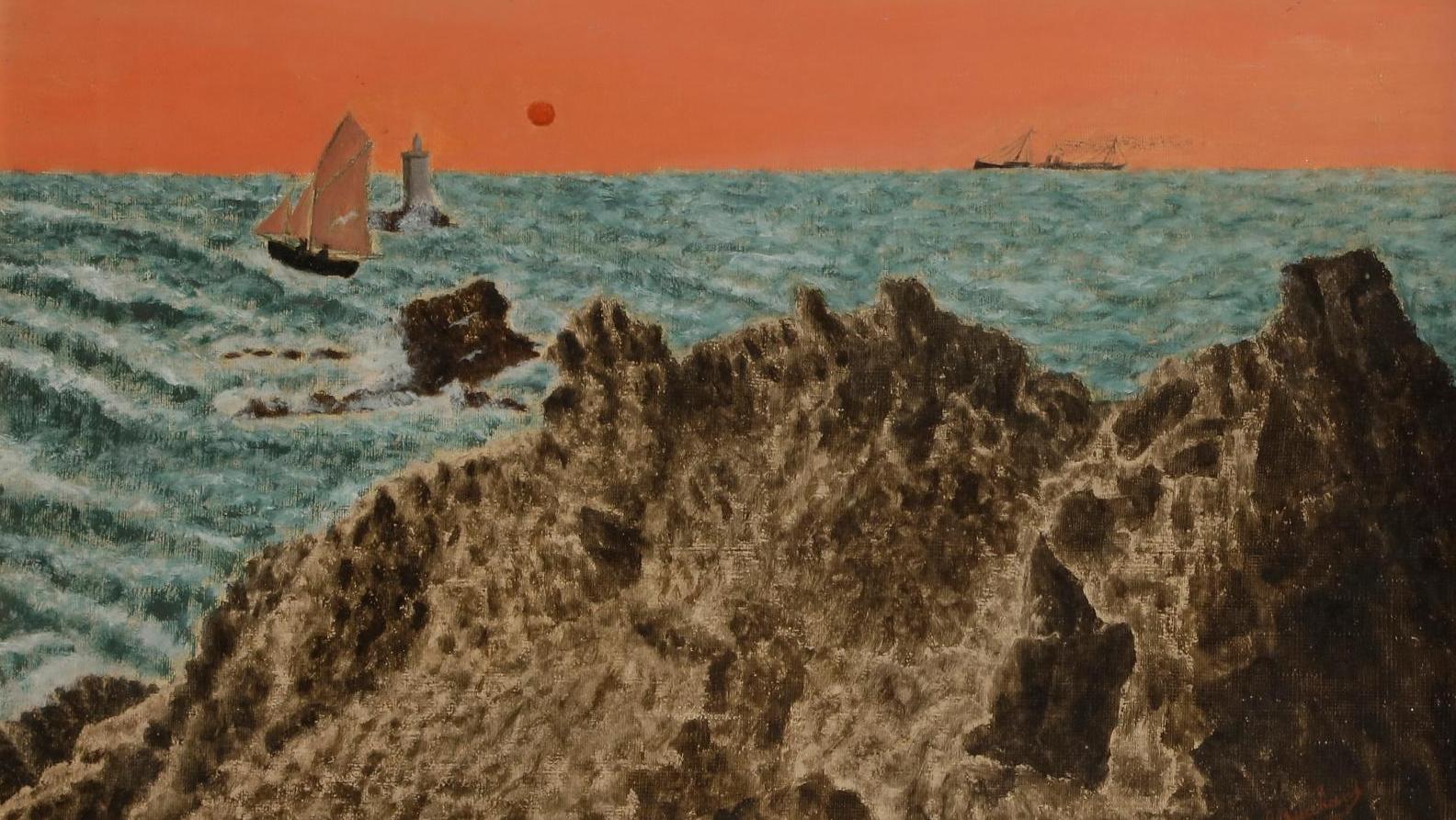 André Bauchant (1873-1958), Marine, vers 1950, huile sur toile, 44 x 55 cm. Adjugé :... Bateau sur l’eau…