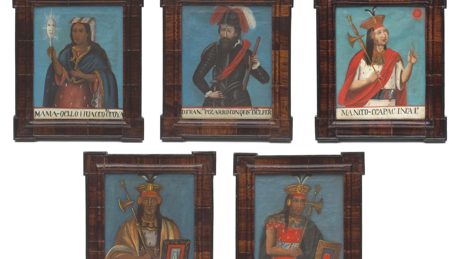 École d’Amérique du Sud (Bolivie-Pérou), début du XIXe siècle. Portraits des empereurs... Les fils du Soleil en compagnie du conquistador Pizarro
