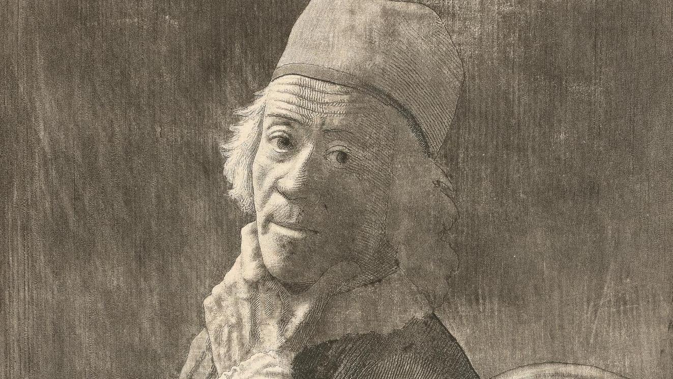 Jean-Étienne Liotard (1702-1789), Autoportrait (grande planche) vers 1778-1780. Gravure... Un autoportrait de Liotard à la manière noire