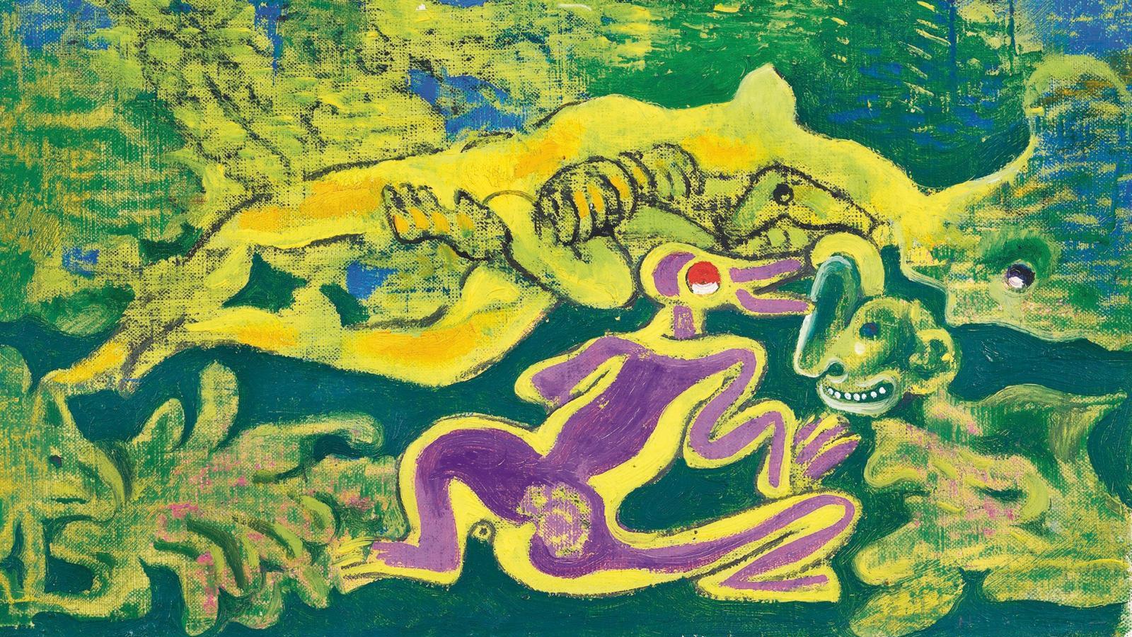 Max Ernst (1891-1976), Nu allongé et personnage, 1934, huile sur toile, 20,5 x 25,5 cm.... Puzzle psychédélique selon Max Ernst