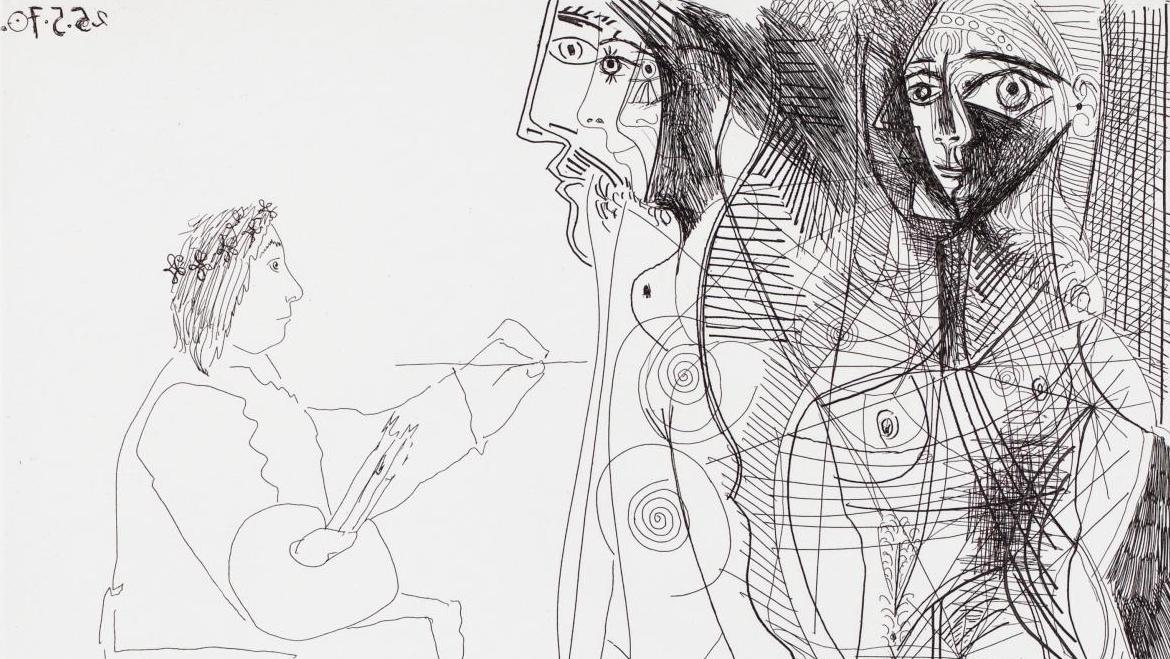 Pablo Picasso (1881-1973), Le Peintre et la femme, 25 mai 1970, eau-forte, 47,8 x 41,5 cm,... «156 gravures» par Pablo Picasso