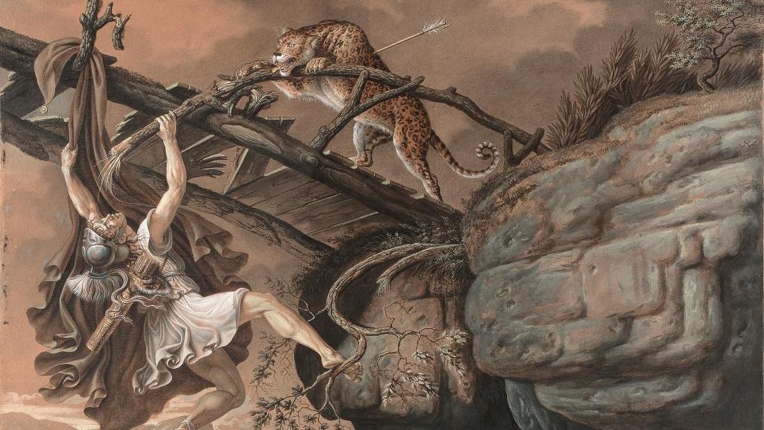 Anthelme-François Lagrenée le Fils (1774-1832), Guerrier grec et son cheval attaqués... Un œil de lynx