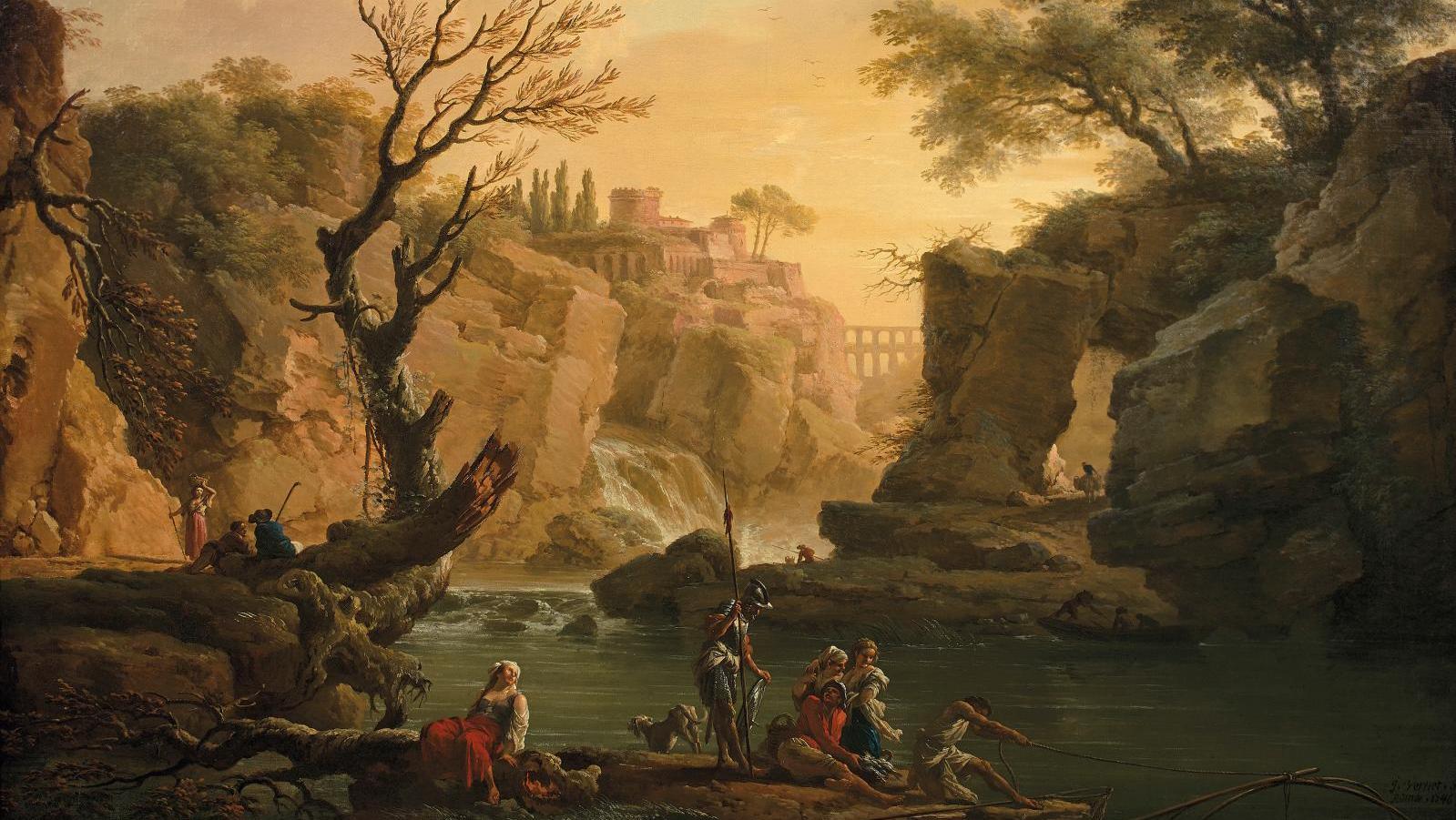 Claude Joseph Vernet (1714-1789), Pêcheurs retirant leur filet dans un paysage classique,... Vernet, une nature arcadienne